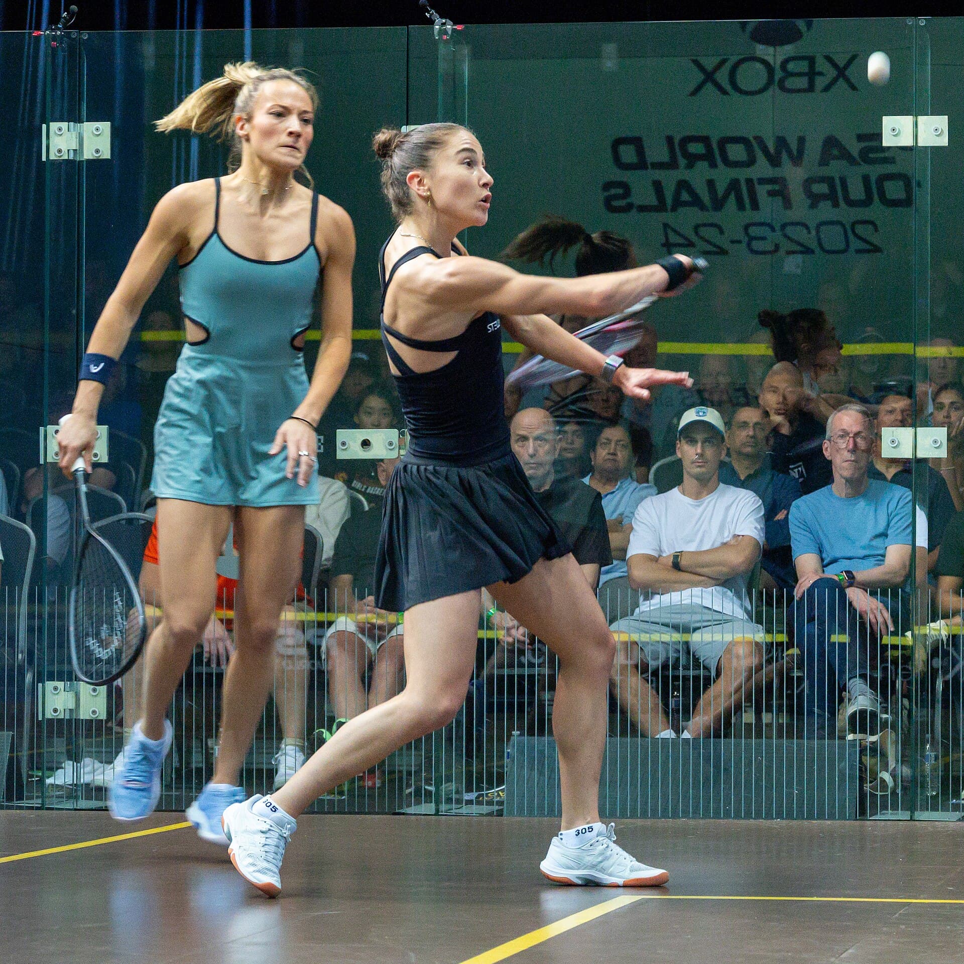 American player Olivia Weaver competing against Nele Gilis at the 2023-24 PSA World Tour Finals in Bellevue, Washington